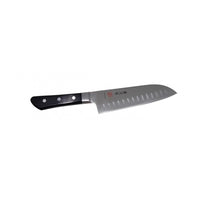 MAC Santoku veitsi ovaalihionnalla ja japanilaisilla merkinnöillä. Terävä ja tasapainoinen veitsi keittiön monikäyttöön.