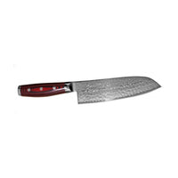 Yaxell Super Gou Santoku - Laadukas Japanilainen Veitsi, tarkasti kuvioitu terä ja punamusta kahva, keittiövarusteet ja tarvikkeet