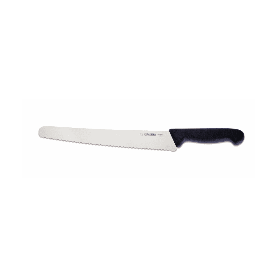 Giesser kondiittoriveitsi sahalaitaisella 25 cm terällä ja mustalla ergonomisella kahvalla, tarkkaan leikkaamiseen keittiössä.