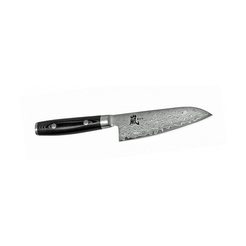 Yaxell Ran Minisantoku veitsi – Kevyt ja Terävä Santoku, japanilainen keittiöveitsi, jossa aaltoileva damascus-kuviointi ja musta kahva