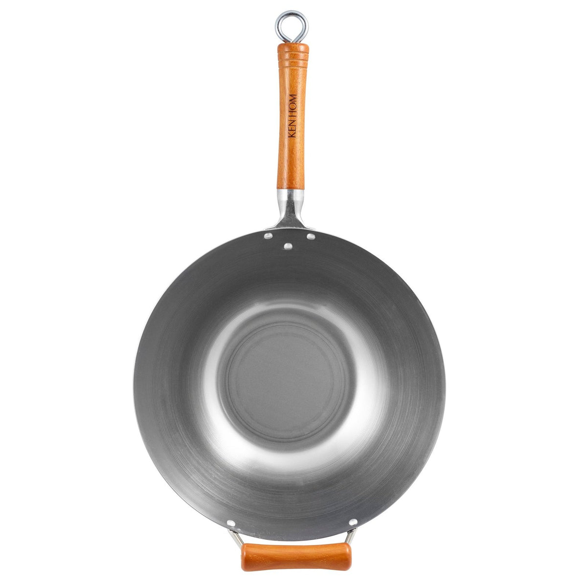 Ken Hom Hiiliteräswok ylhäältä kuvattuna. 32 cm halkaisija, luonnollinen pinnoittamaton pinta ja puukahvat.