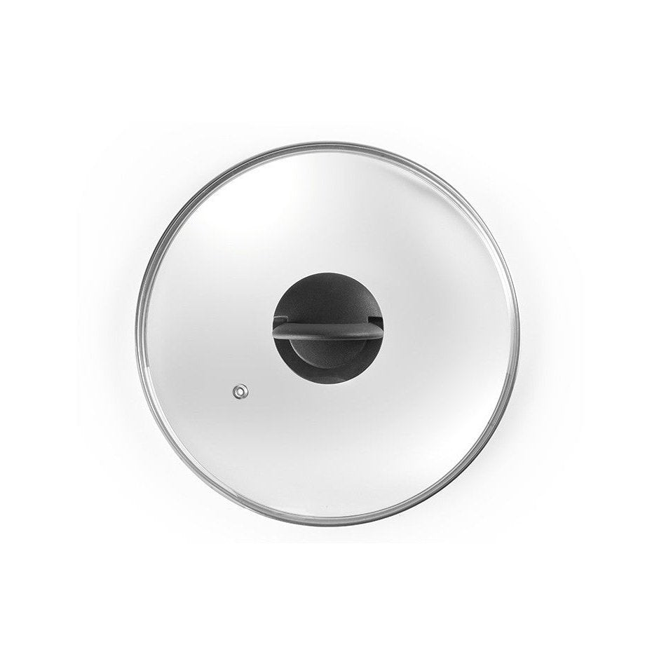Ibili Lasikansi 20 cm ylhäältä kuvattuna - kirkas lasikansi höyryaukolla ja ergonomisella kahvalla, sopii 20 cm astioihin.