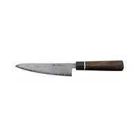 Sivuprofiili Suncraft Senzo Mini Santoku -veitsestä, 14 cm, VG10-teräs, puinen kahva, japanilainen käsityö.