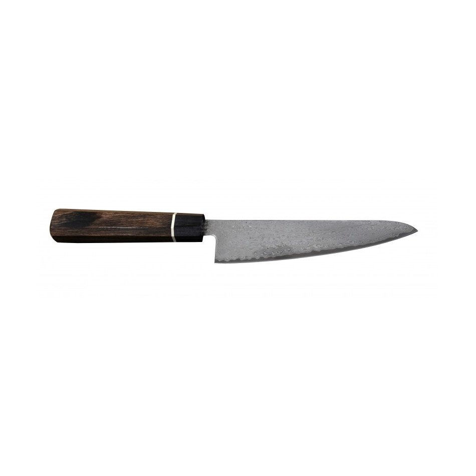 Suncraft Senzo Damascus Black Mini Santoku -veitsi, 14 cm, minimalistinen muotoilu, puinen kahva, japanilainen laatu.