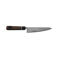 Suncraft Senzo Damascus Black Mini Santoku -veitsi, 14 cm, minimalistinen muotoilu, puinen kahva, japanilainen laatu.
