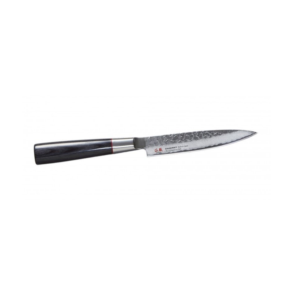 Suncraft Senzo Damascus Classic -veitsi, 12 cm. Japanilainen VG10-teräs, pakkapuukahva ja tyylikäs viimeistely.