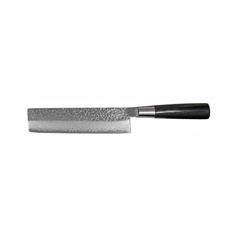 Suncraft Nakiri-veitsi, japanilainen VG10-terä ja Damascus-kuviointi. Ergonominen kahva tarkkaan leikkaamiseen.
