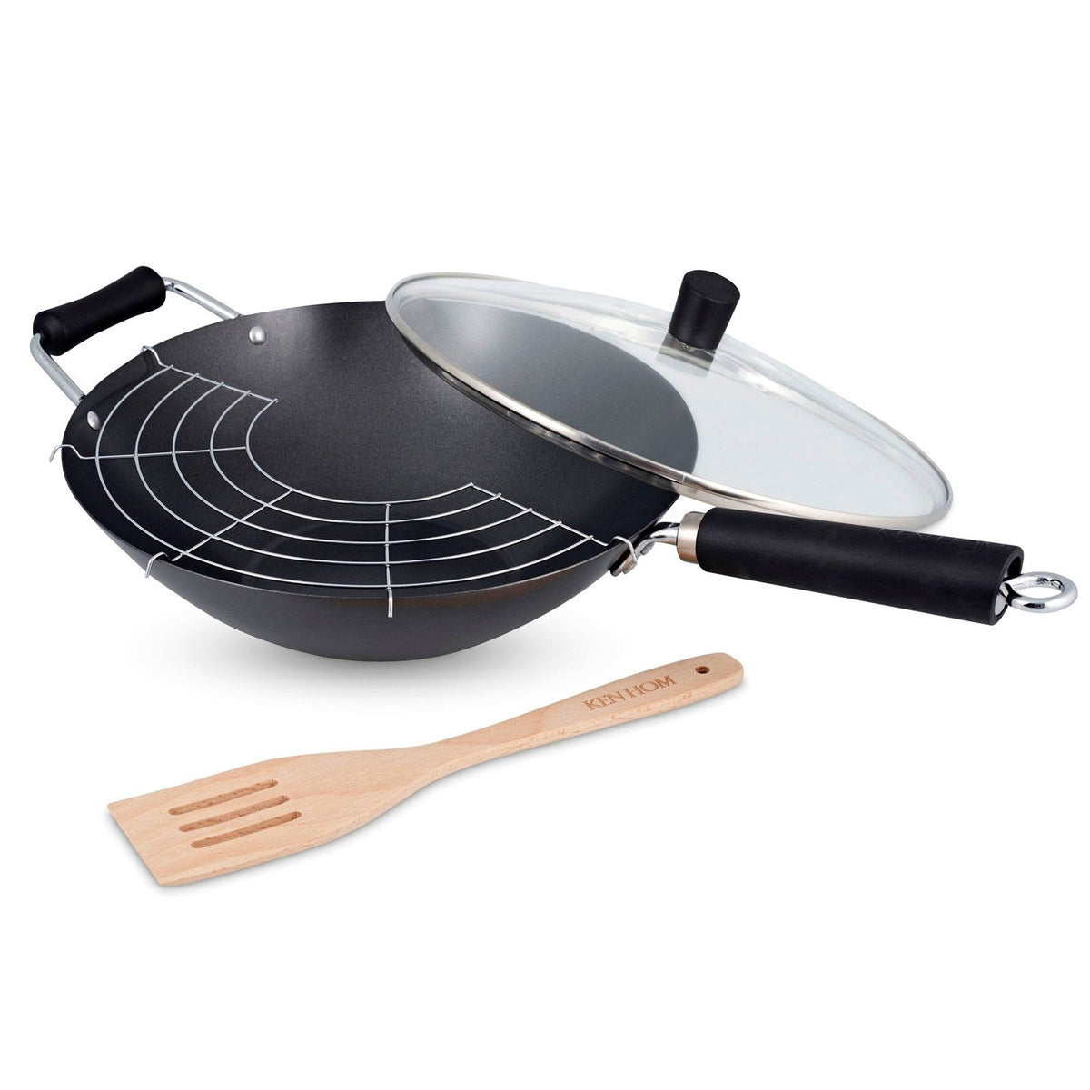 Ken Hom wokkipannu setti 31cm, sisältää kannen, ritilän ja bambulastan. Tarttumaton hiiliteräs sopii paistamiseen ja grillaamiseen.