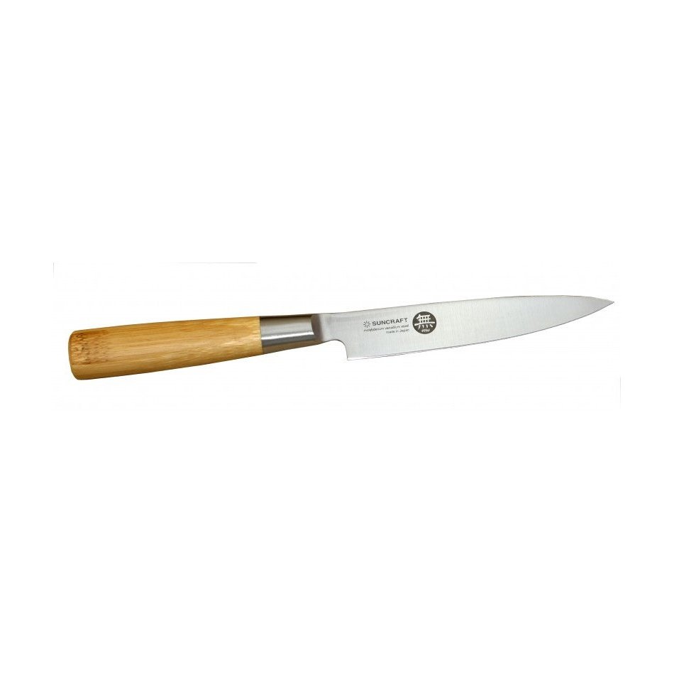 Japanilainen Suncraft MU Bamboo vihannesveitsi, 12 cm terä ja ergonominen bambukahva, ihanteellinen tarkkaan vihannesten leikkaamiseen.