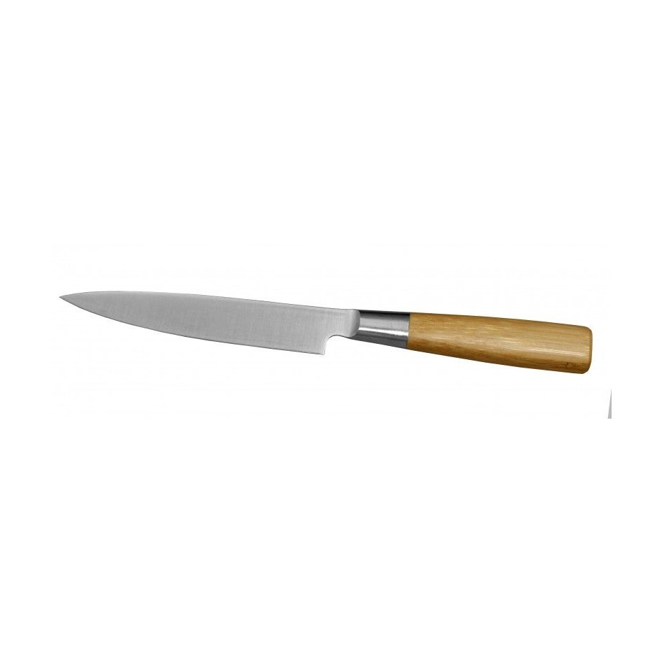 Korkealaatuinen Suncraft MU Bamboo vihannesveitsi 12 cm, valmistettu Japanissa, yhdistää terävyyden ja luonnollisen bambukahvan.