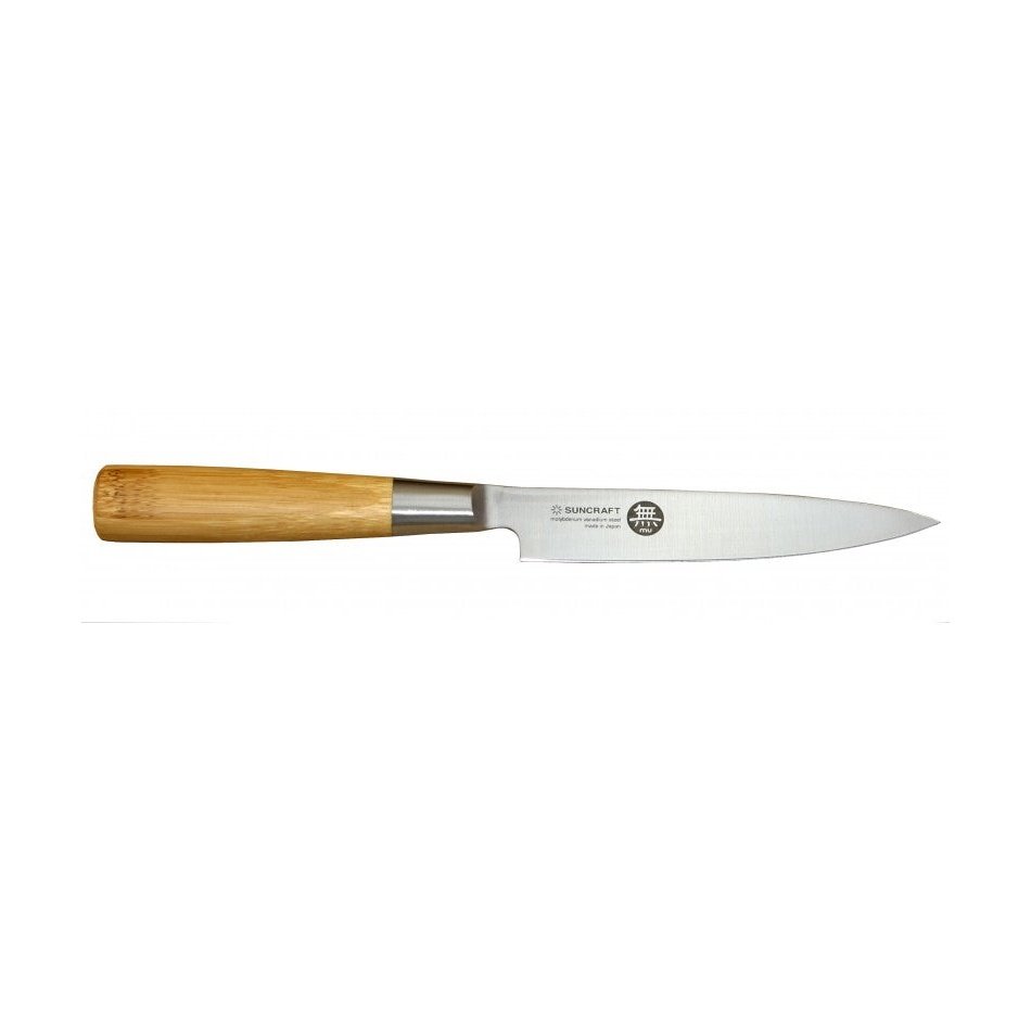 Suncraft MU Bamboo vihannesveitsi, 12 cm terä japanilaista terästä ja kestävä bambukahva, täydellinen pieniin keittiötöihin.