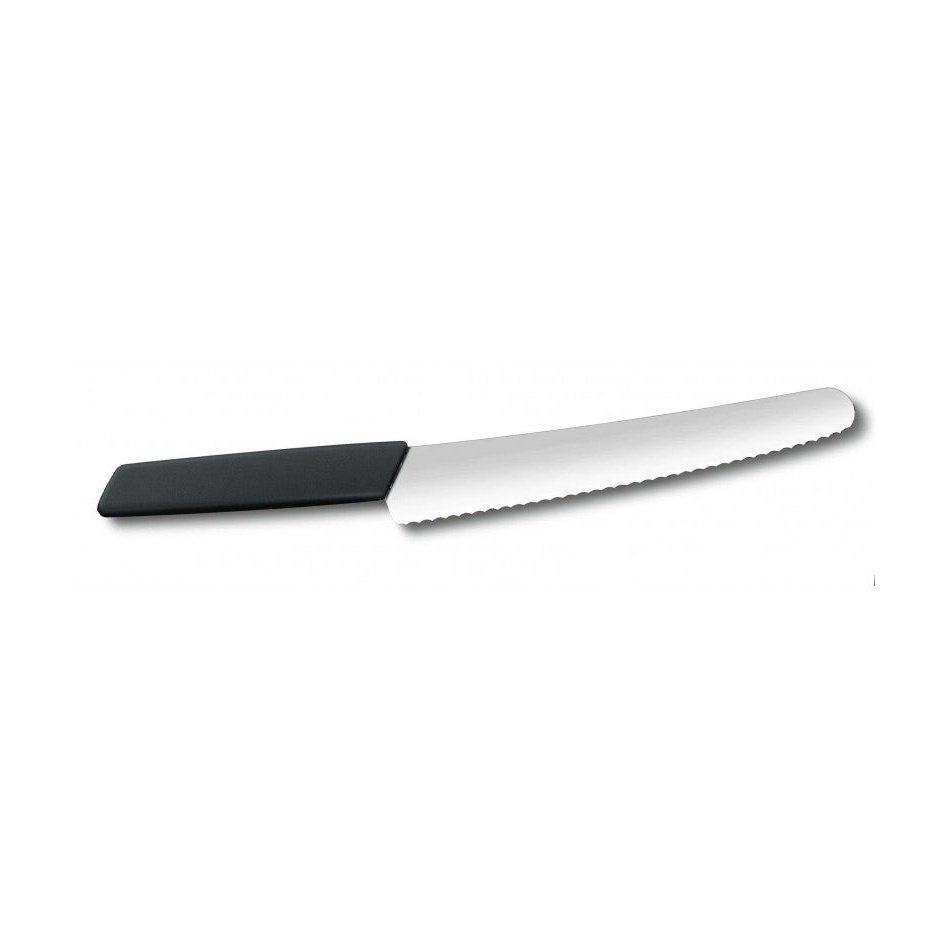 Victorinox Swiss Modern Leipäveitsi 22 cm, mustakahvainen leipäveitsi sahalaitaisella terällä. Suunniteltu tarkkaan ja vaivattomaan leikkaamiseen.