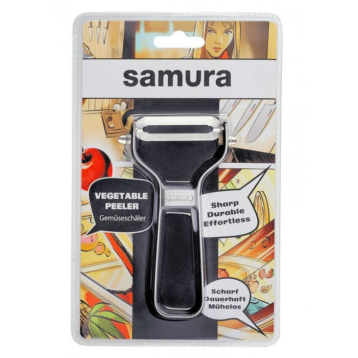 Samura Skinner kuorija pakkauksessa, suora terä sopii vihannesten ja hedelmien kuorintaan. Ruostumaton teräs, konepesunkestävä keittiöväline.