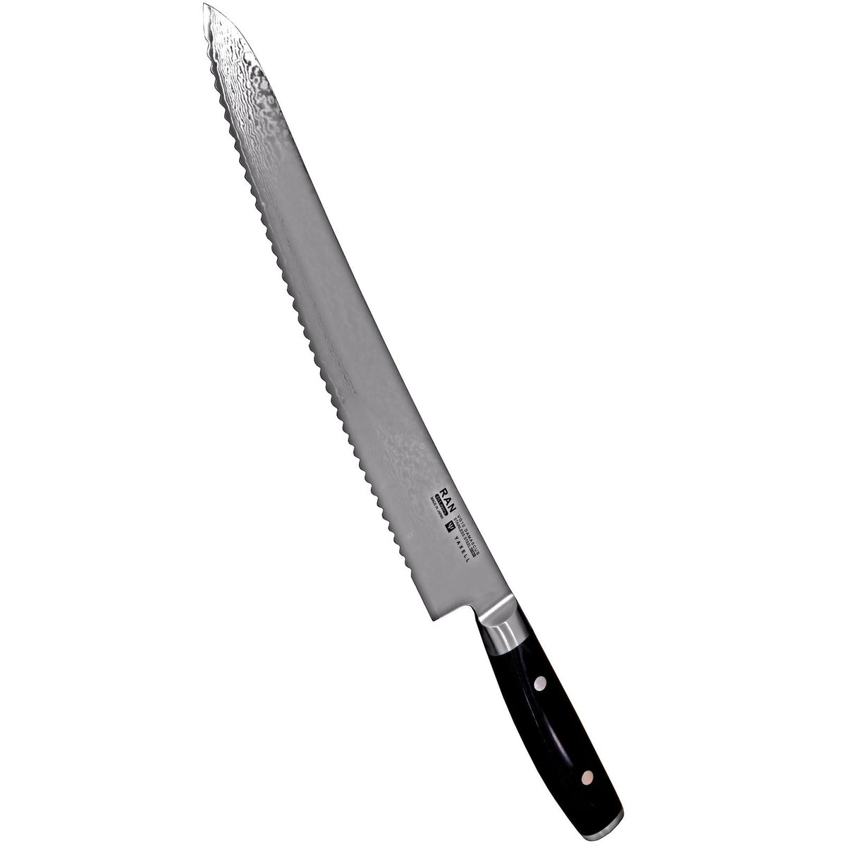 Yaxell Ran Leipäveitsi - Parhaat Leikkausominaisuudet, 27 cm Damascus-terä ja musta kahva, valmistettu Japanissa tarkkuudella.