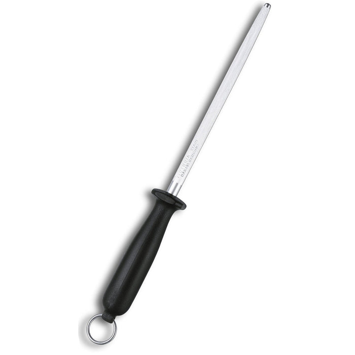 Victorinox Teroituspuikko 18 cm, pyöreä teräs ja musta kahva. Tehokas veitsenteroitin keittiökäyttöön, keskihieno rakenne.