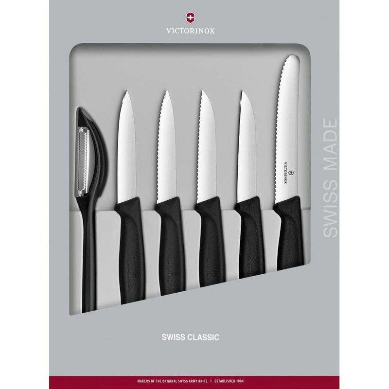 Victorinox veitsisetti, 6 osaa, musta kahva lahjapakkauksessa