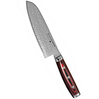 Yaxell Super Gou Santoku - Laadukas Japanilainen Veitsi, 16,5 cm damascus-terällä ja punaisella kahvalla, keittiövarusteet ja tarvikkeet