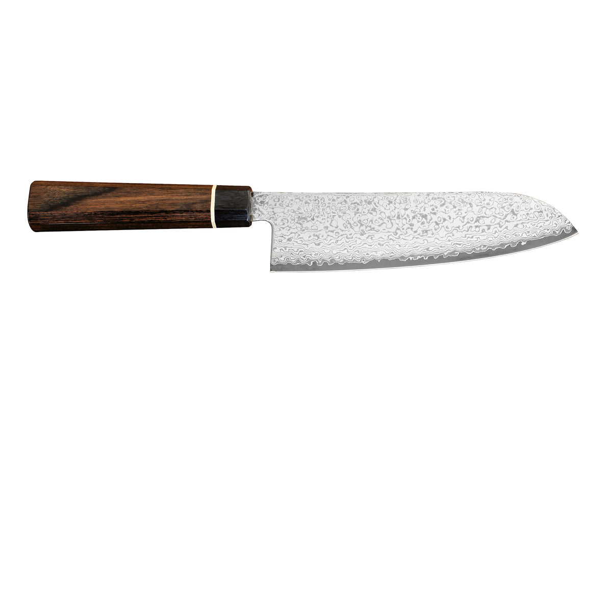 Suncraft Senzo Santoku veitsi, 17 cm, Damascus-terä, puinen kahva, japanilainen kokkiveitsi yläprofiilista.