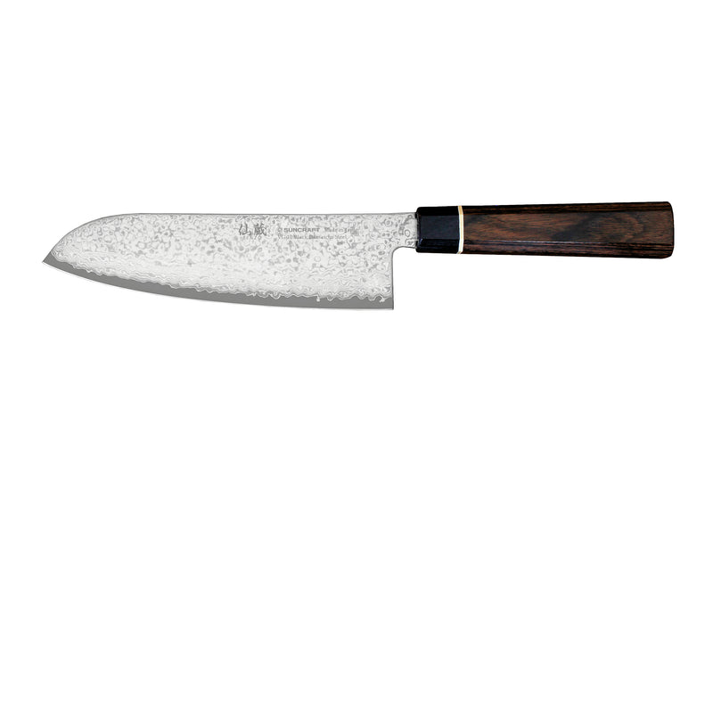 Suncraft Senzo Damascus Santoku veitsi, 17 cm, VG10-terä, puinen kahva, japanilainen kokkiveitsi sivuprofiilista.