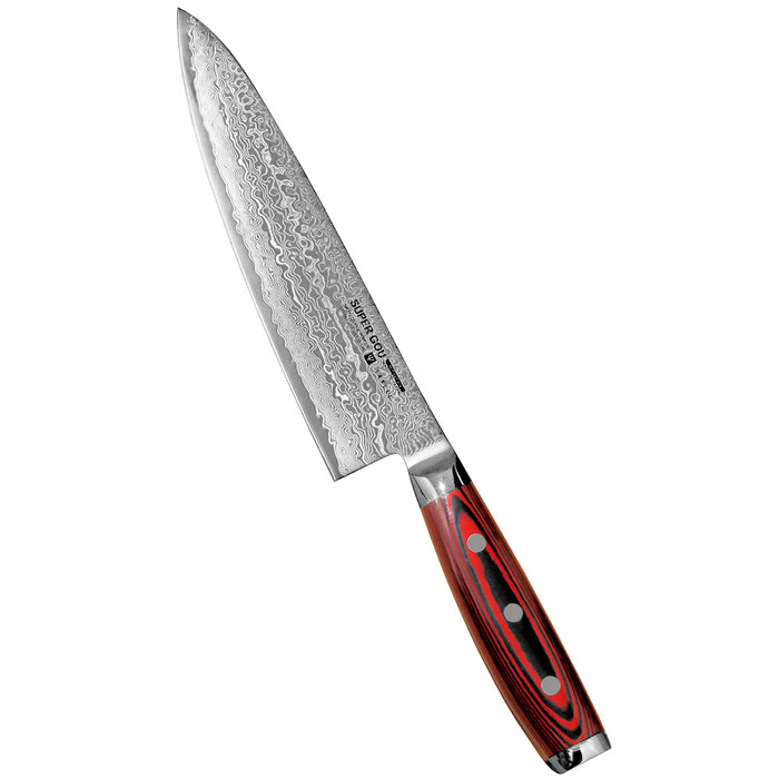 Yaxell Super Gou - Japanilainen 20 cm kokkiveitsi, jossa damascus-terä ja punainen ergonominen kahva. Huippuluokan veitsi kotikokeille.
