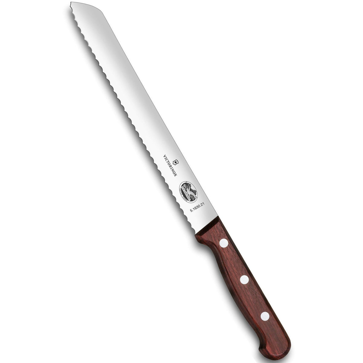 Victorinox leipäveitsi, puukahva ja sahalaitainen ruostumaton terä, 21 cm. Soveltuu kovakuorisen leivän tarkkaan leikkaamiseen.